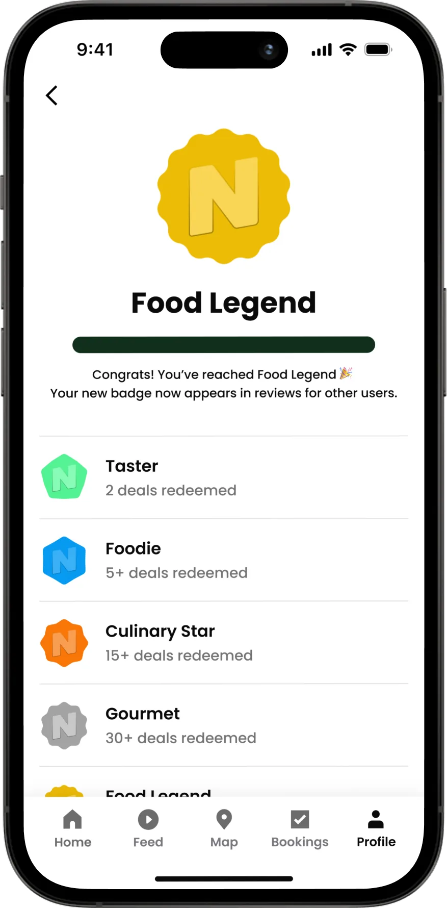 Levels screen Food Legend badge